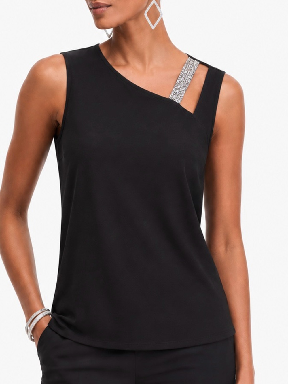 89th & Madison Black Rhinestone Strap Asymmetrical Cutout Top L NWT